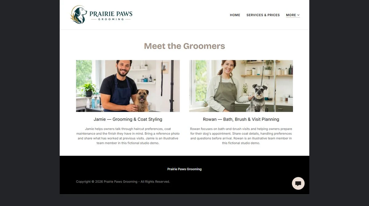 Finished Meet the Groomers example — privacy-cropped excerpt