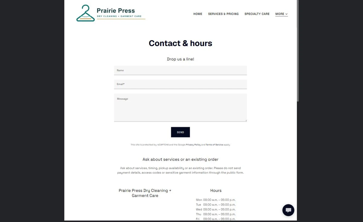 Finished Contact & Hours example — privacy-cropped excerpt