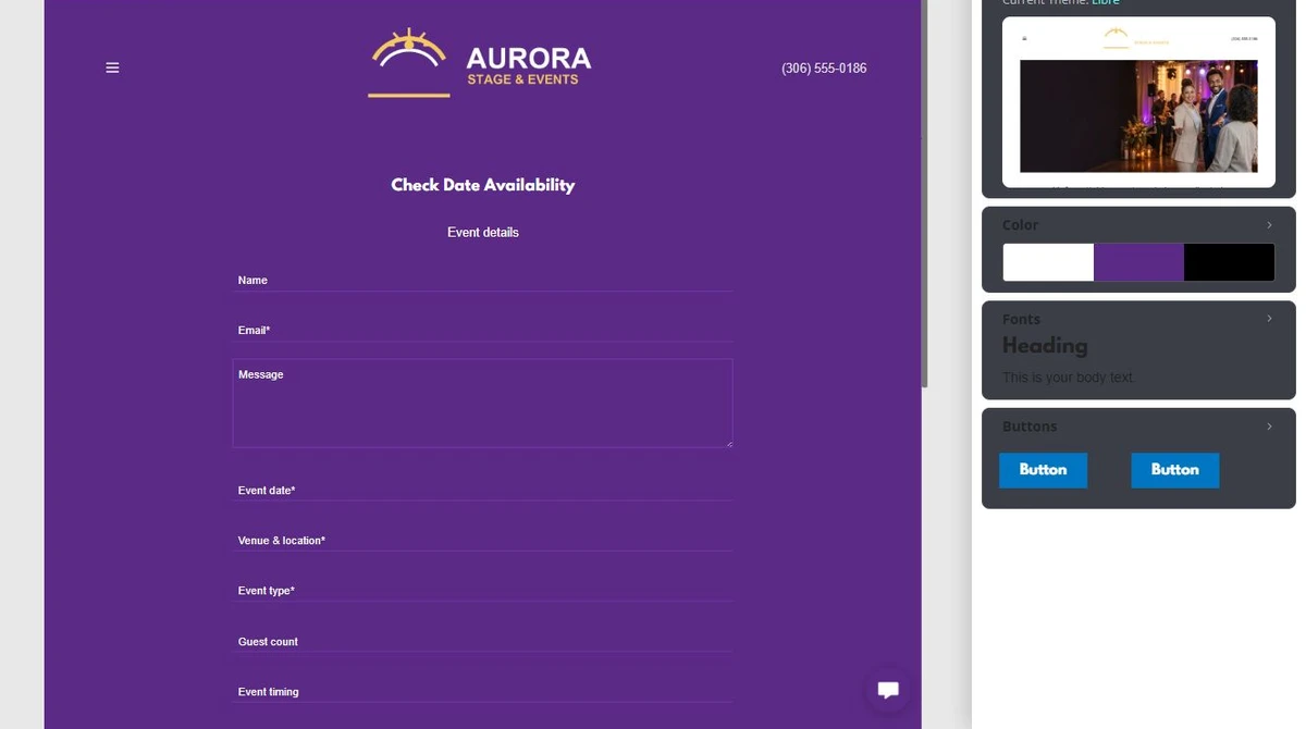 Website Builder theme overview for Aurora Stage and Events — privacy-cropped excerpt