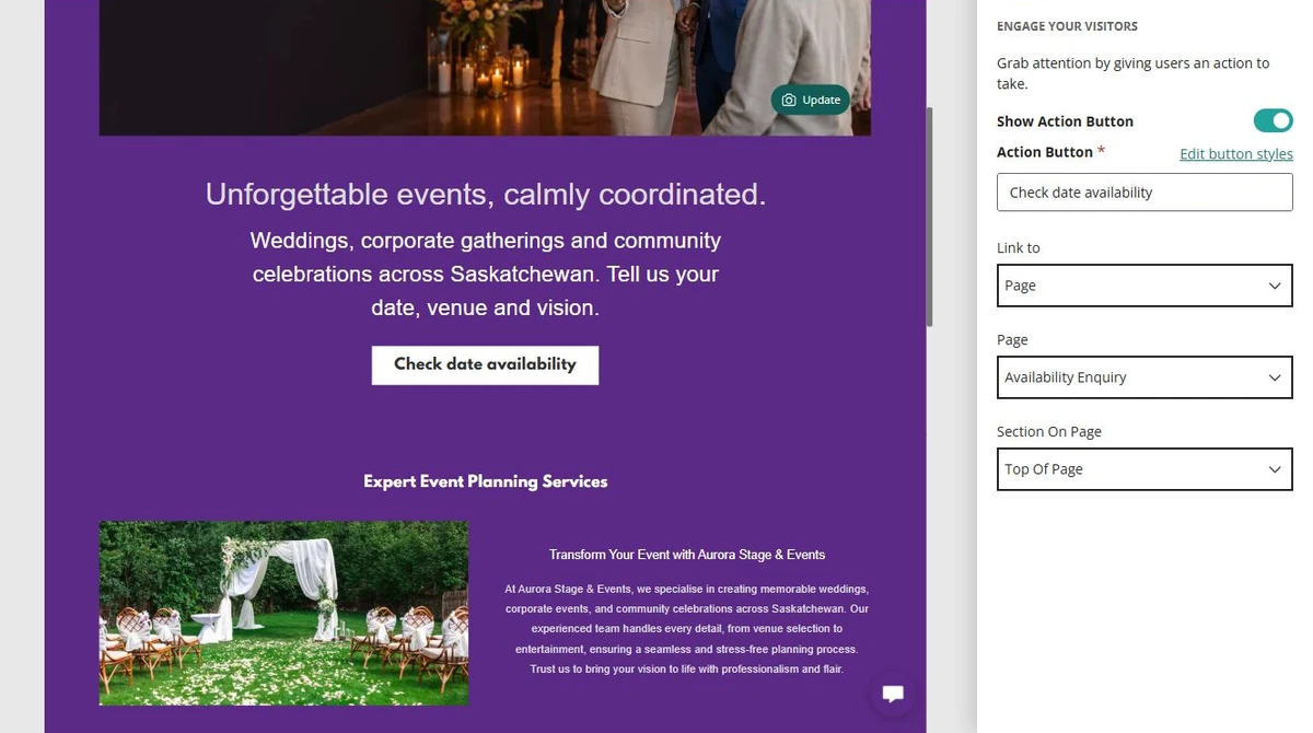 Website Builder action button settings for Aurora Stage and Events — privacy-cropped excerpt