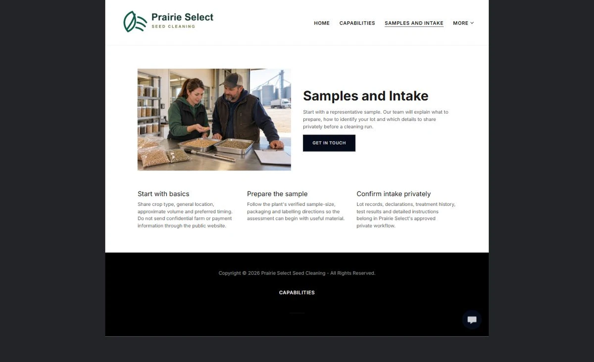 Finished Samples & Intake example — privacy-cropped excerpt