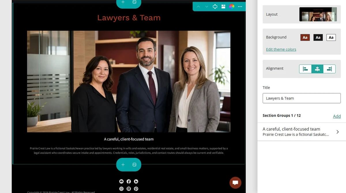 Website Builder editing the Prairie Crest Law Lawyers and Team page — privacy-cropped excerpt