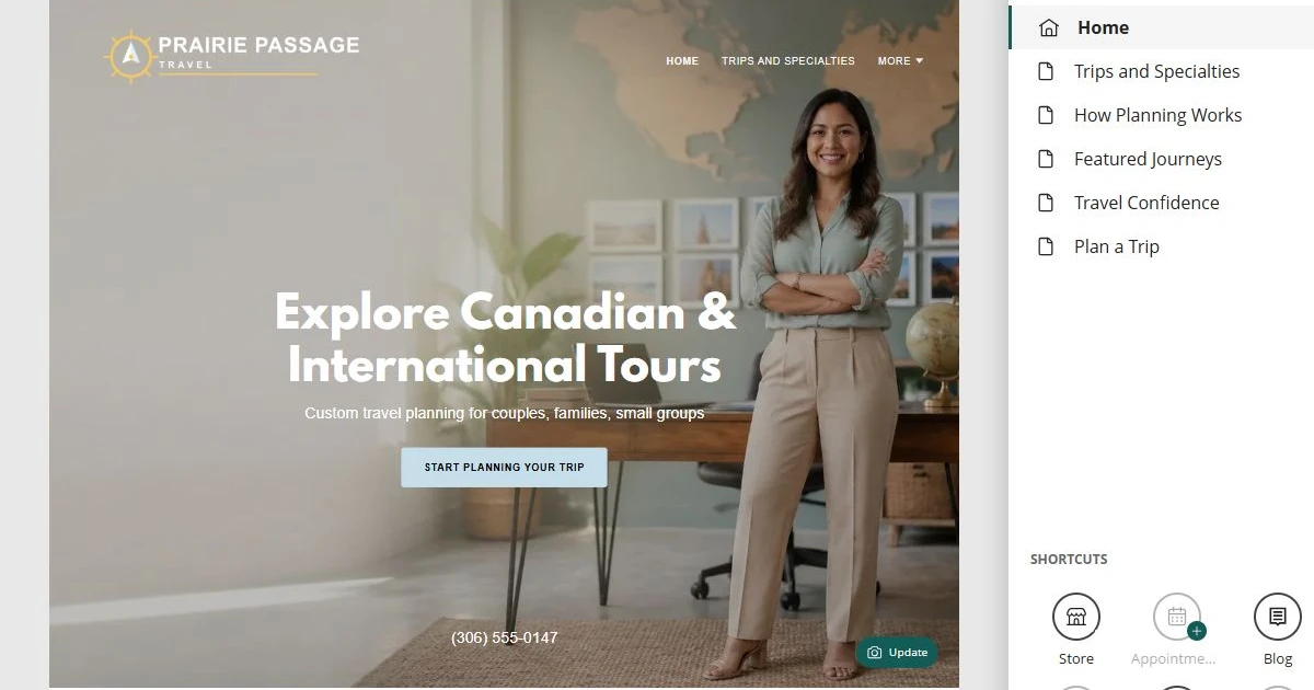 Website Builder editing the Prairie Passage Travel home page — privacy-cropped excerpt