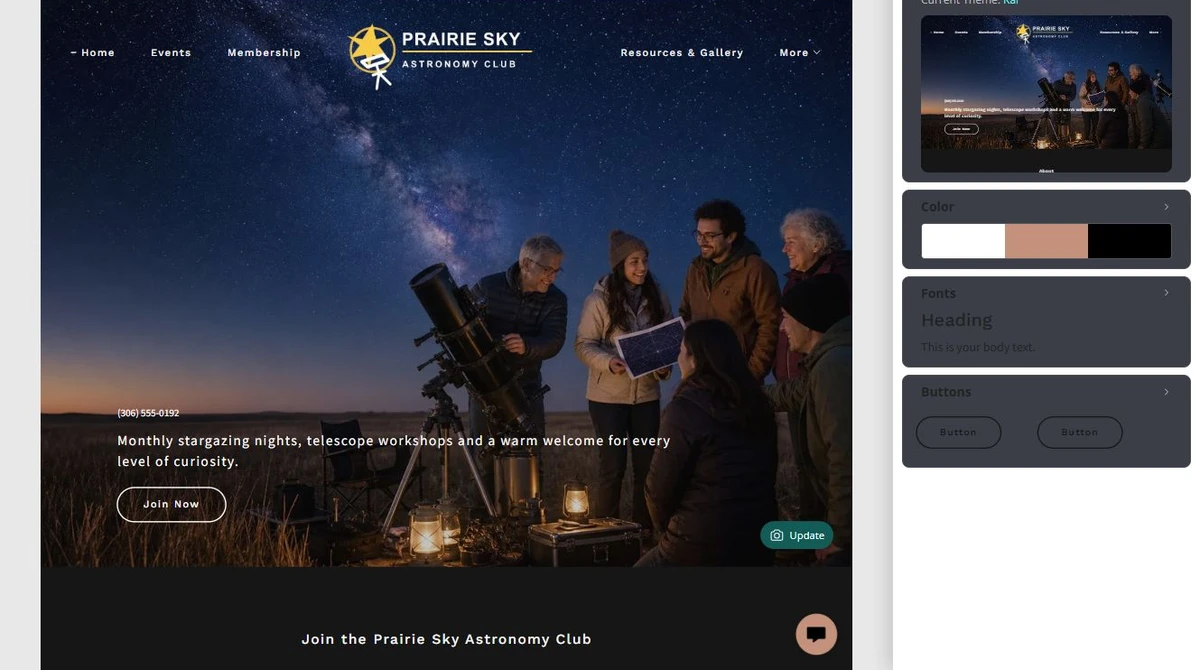 Website Builder theme overview for Prairie Sky Astronomy Club — privacy-cropped excerpt