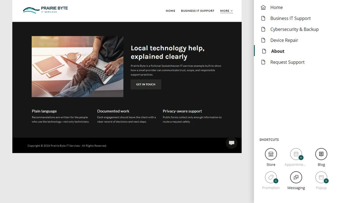 Website Builder page organizer for Prairie Byte IT Services — privacy-cropped excerpt