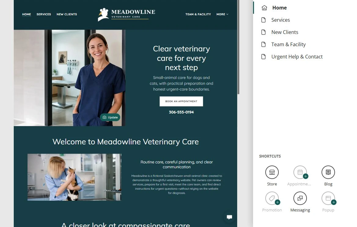 Website Builder editing the Meadowline Veterinary Care home page — privacy-cropped excerpt