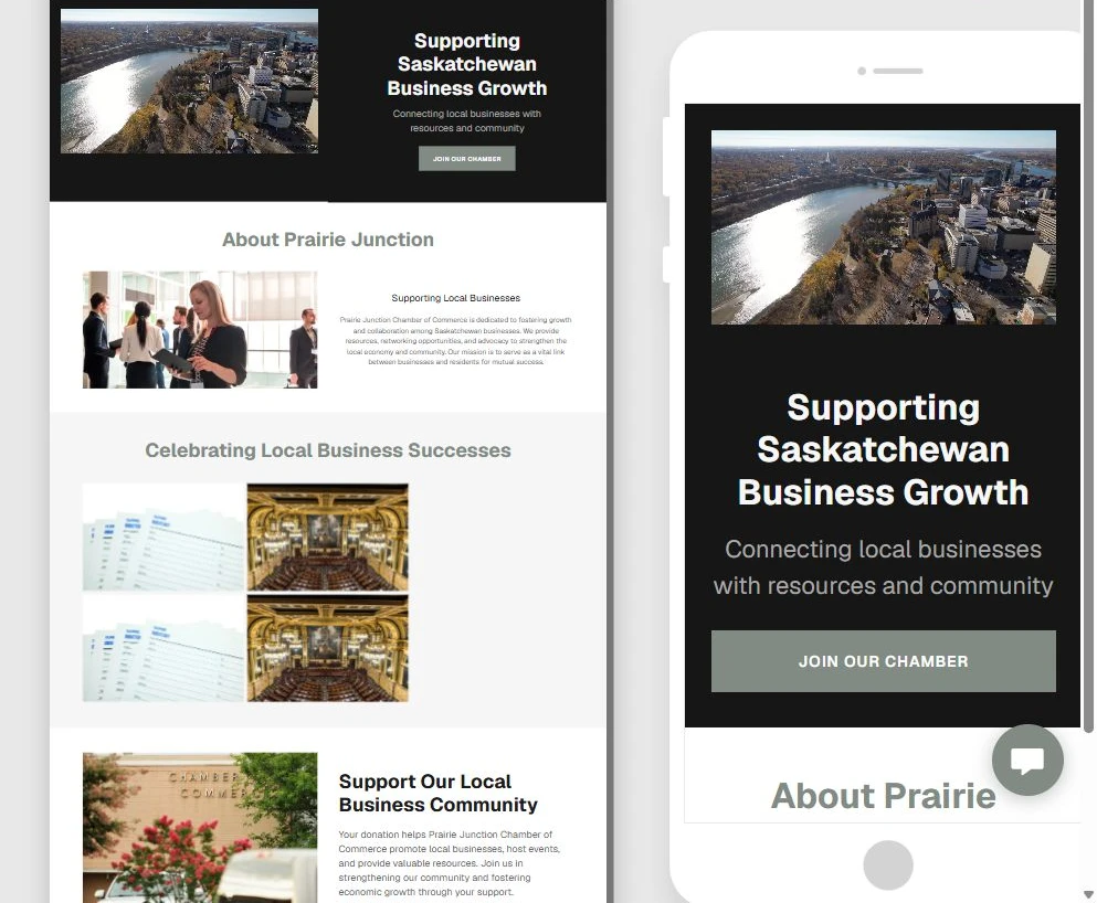 First generated Prairie Junction Chamber of Commerce website draft — privacy-cropped excerpt