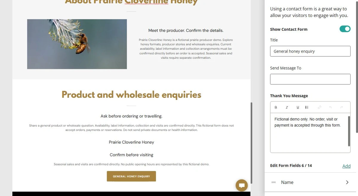 Prairie Cloverline Honey · Home contact form controls — privacy-cropped excerpt