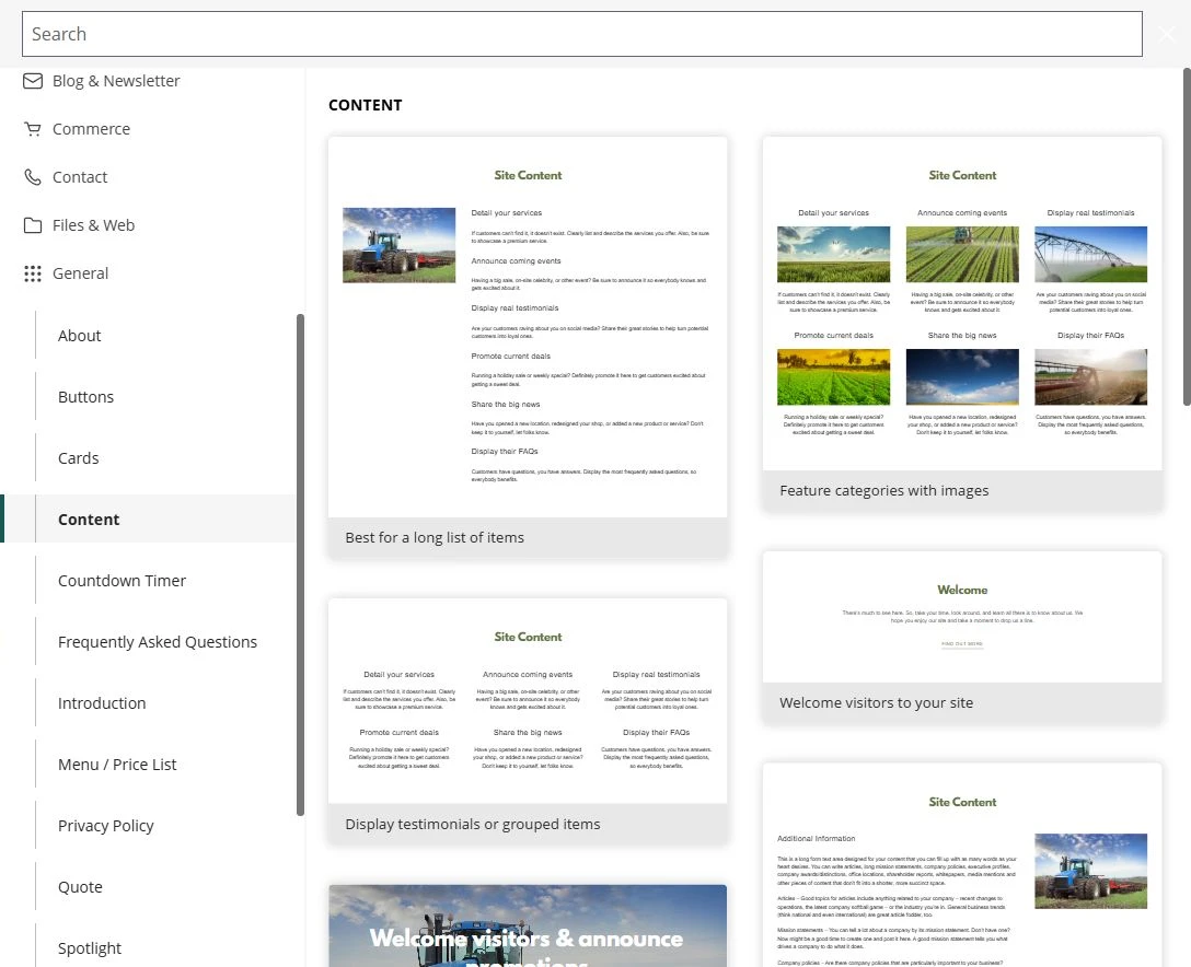 Prairie Acre · General → Content layouts — privacy-cropped excerpt