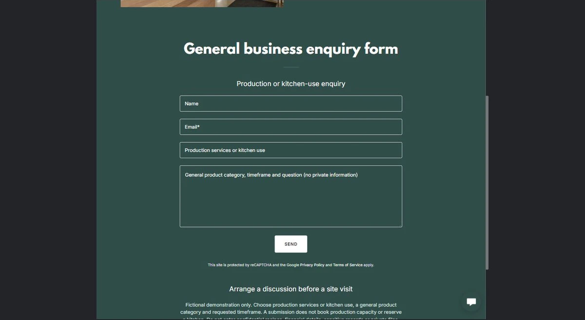 Business enquiry form · Desktop — privacy-cropped excerpt