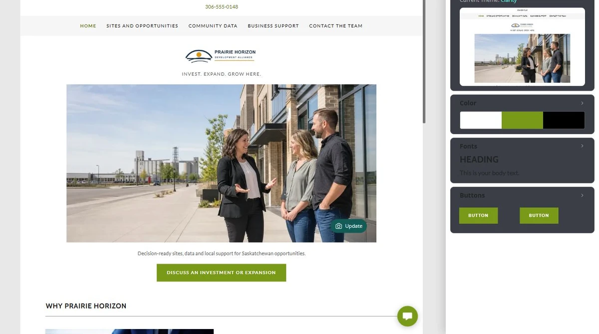 Website Builder editor showing Prairie Horizon Development Alliance — privacy-cropped excerpt