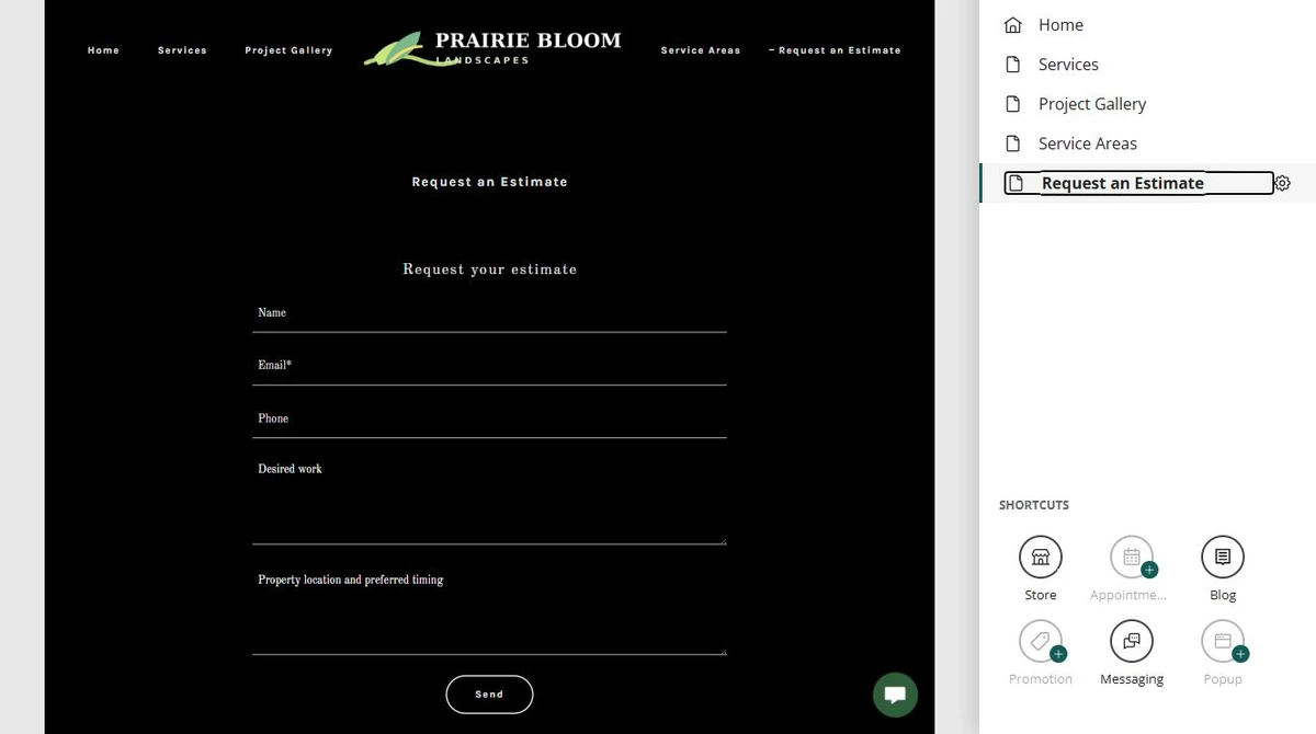 Website Builder editing the Prairie Bloom Landscapes estimate form — privacy-cropped excerpt