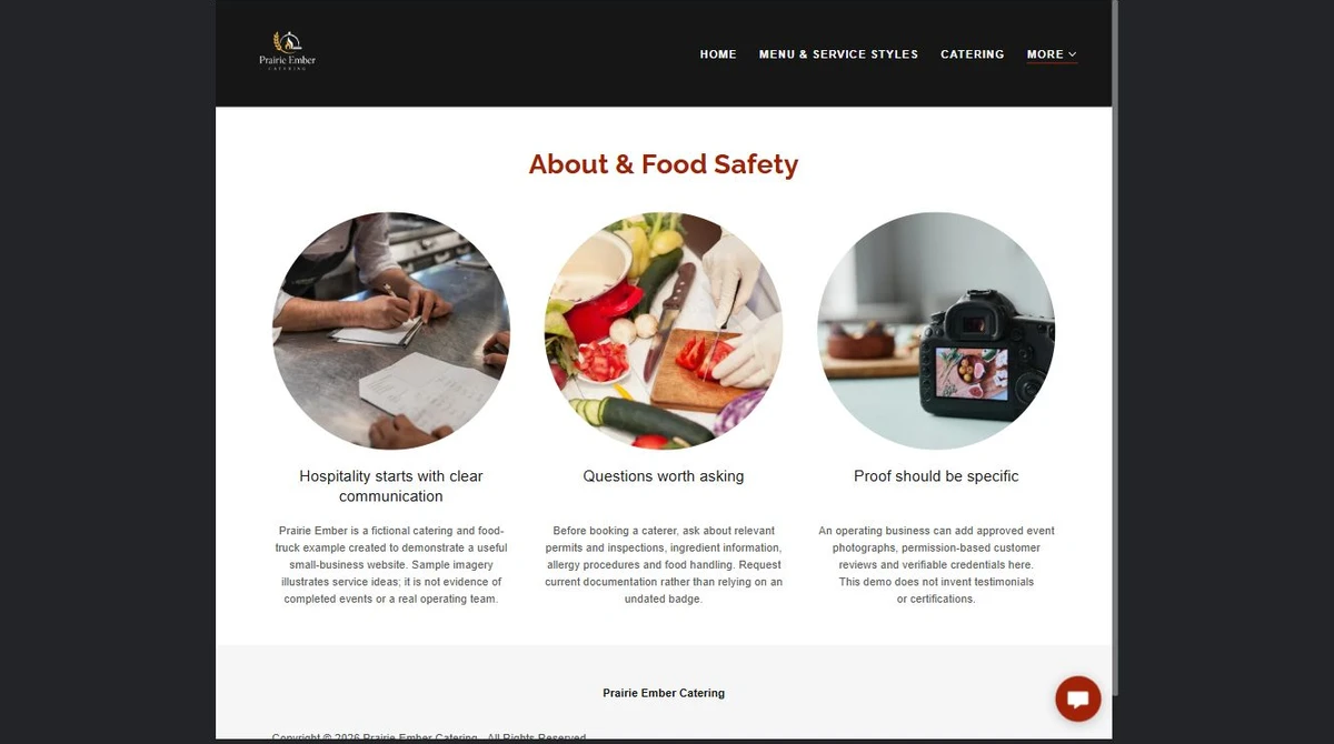 Finished Prairie Ember Catering about safety and proof page — privacy-cropped excerpt