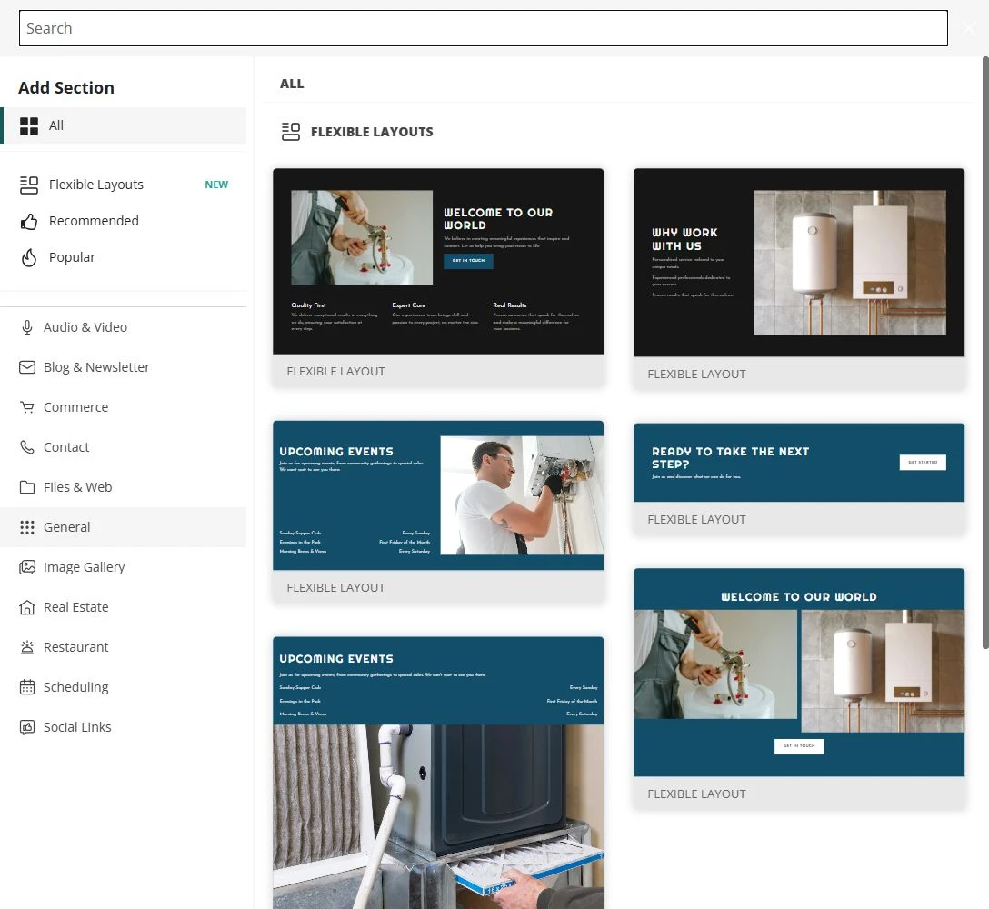Website Builder Add Section library with plumbing service layouts — privacy-cropped excerpt