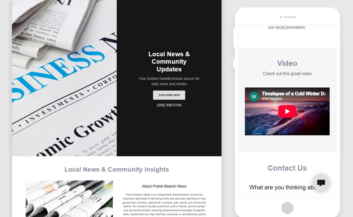 Generated Prairie Beacon News starter site in Website Builder — privacy-cropped excerpt