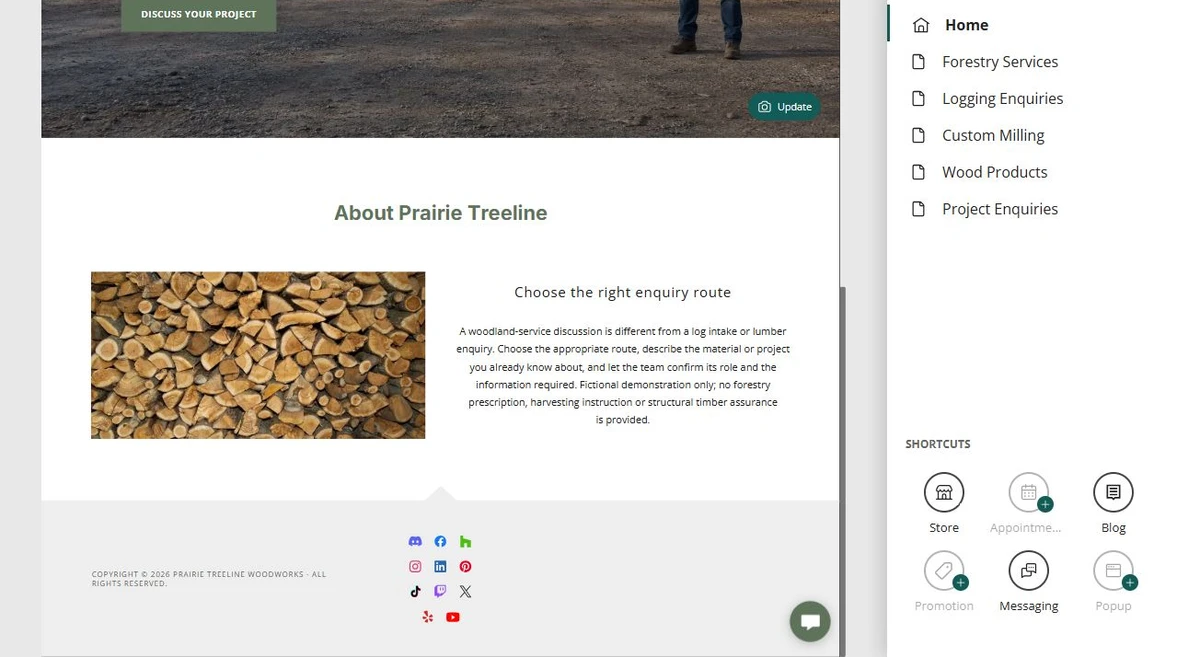 Prairie Treeline · Website overview — privacy-cropped excerpt