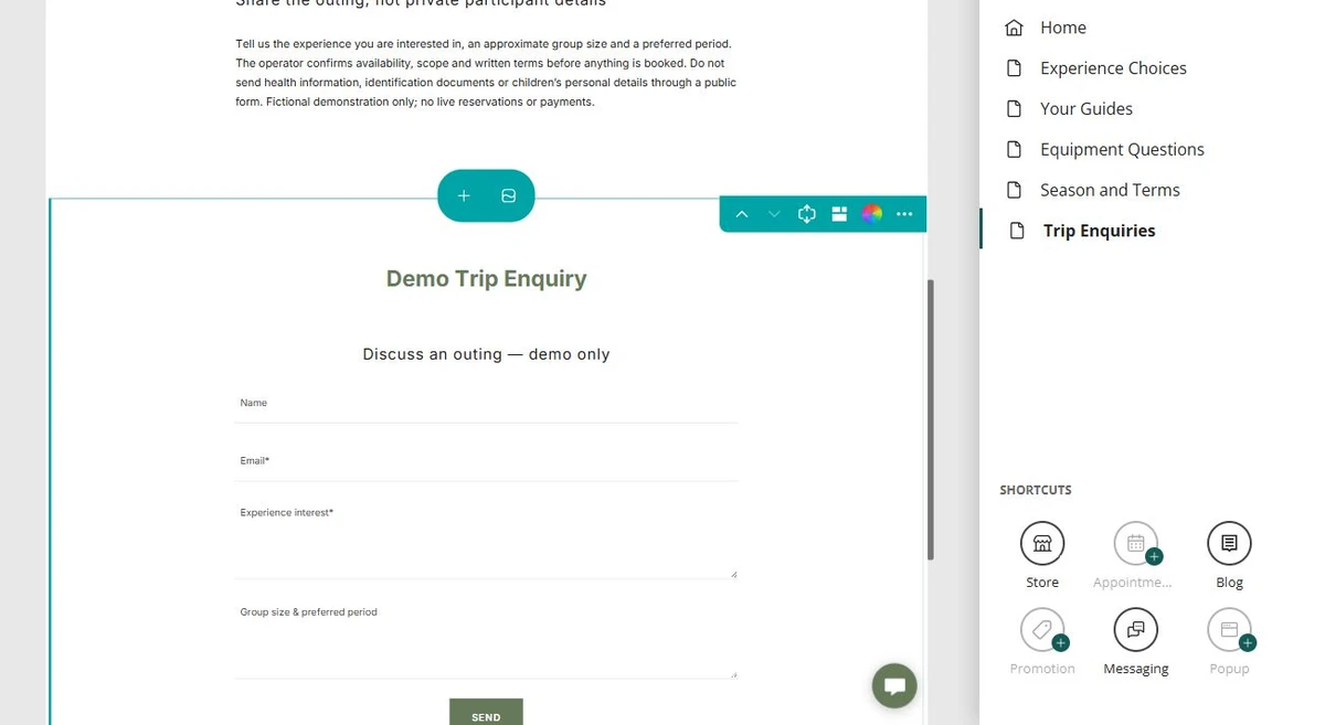 Prairie Horizon Outfitters · Trip enquiry form overview — privacy-cropped excerpt