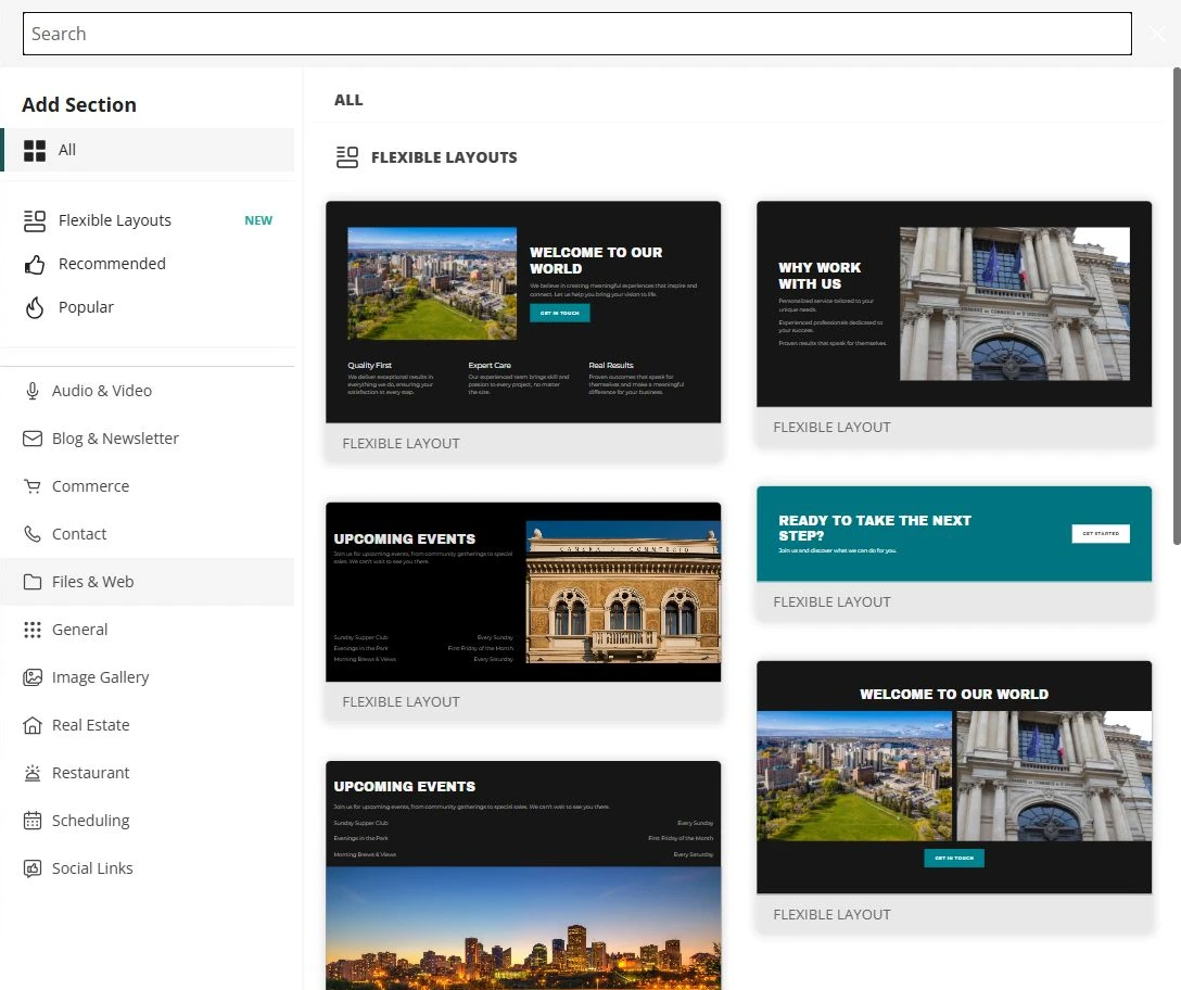 Website Builder Add Section library for the Prairie Junction site — privacy-cropped excerpt