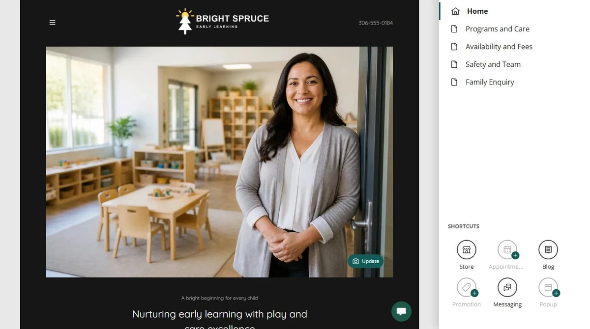 Website Builder navigation showing all Bright Spruce pages — privacy-cropped excerpt