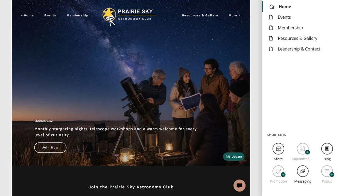 Website Builder page navigation for Prairie Sky Astronomy Club — privacy-cropped excerpt