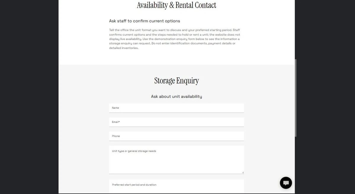 Storage Enquiry · Desktop — privacy-cropped excerpt