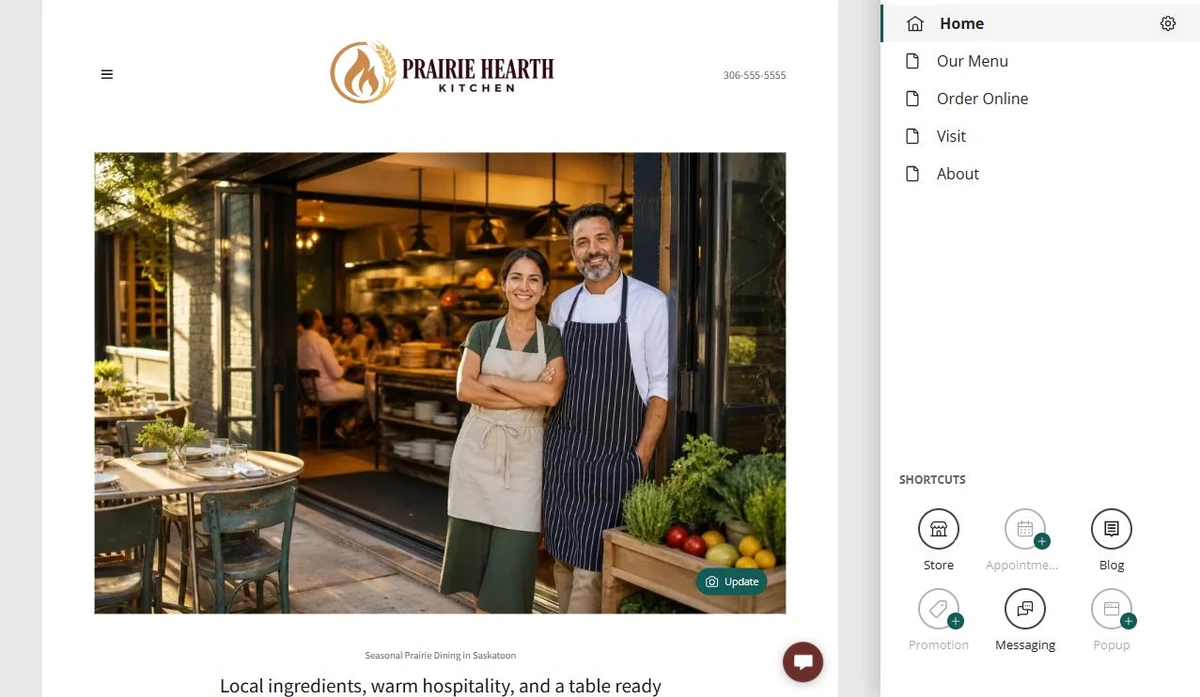 Website Builder page organizer for the Prairie Hearth Kitchen site — privacy-cropped excerpt