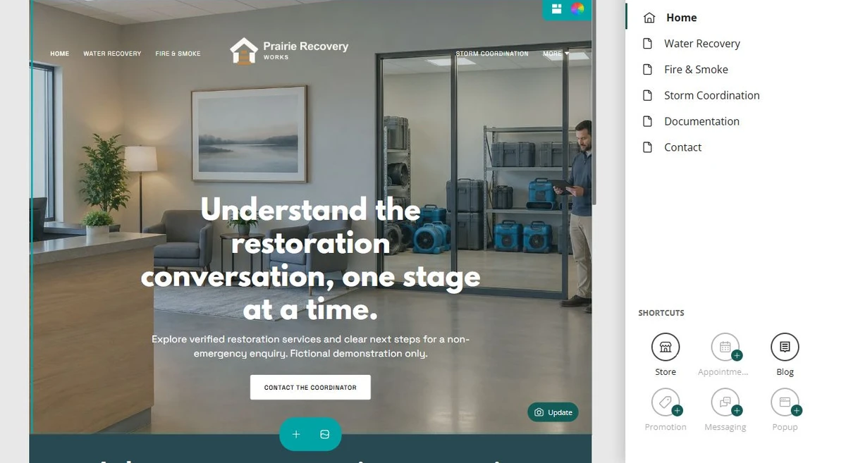 Restoration · Six-page navigation — privacy-cropped excerpt