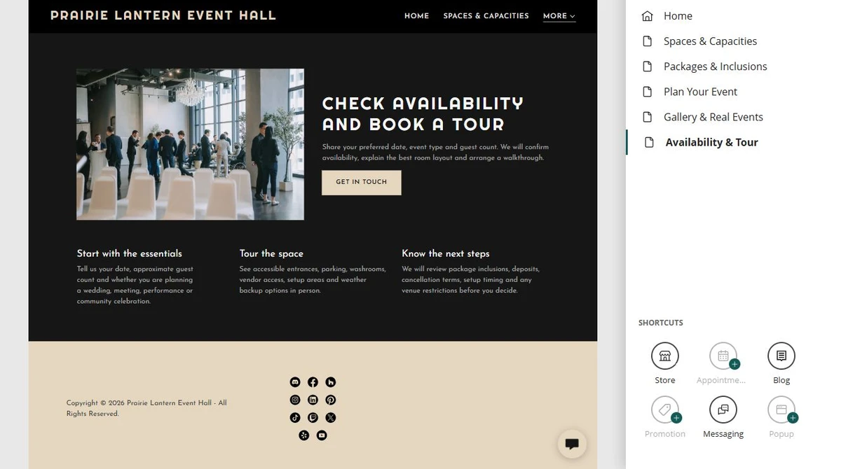Website Builder editing the Prairie Lantern Event Hall availability page — privacy-cropped excerpt