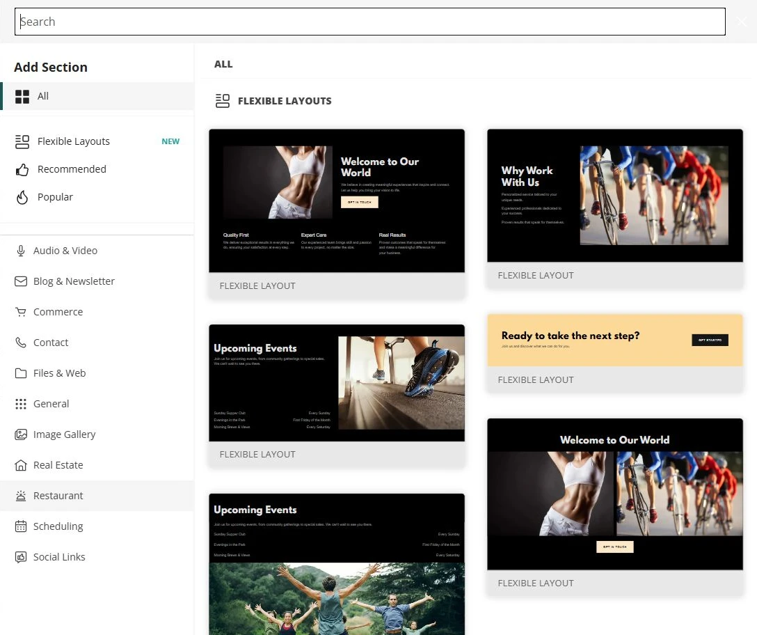 Website Builder Add Section library beside the Prairie Summit Athletics site — privacy-cropped excerpt
