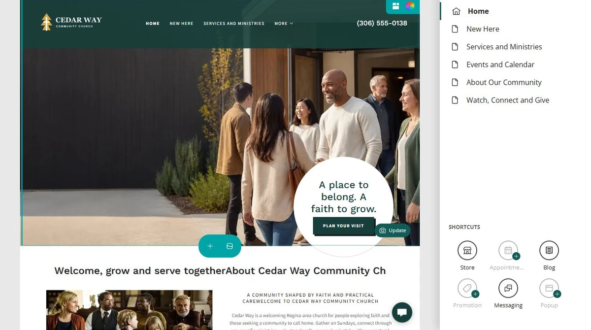 Website Builder editor showing the Cedar Way Community Church home page — privacy-cropped excerpt