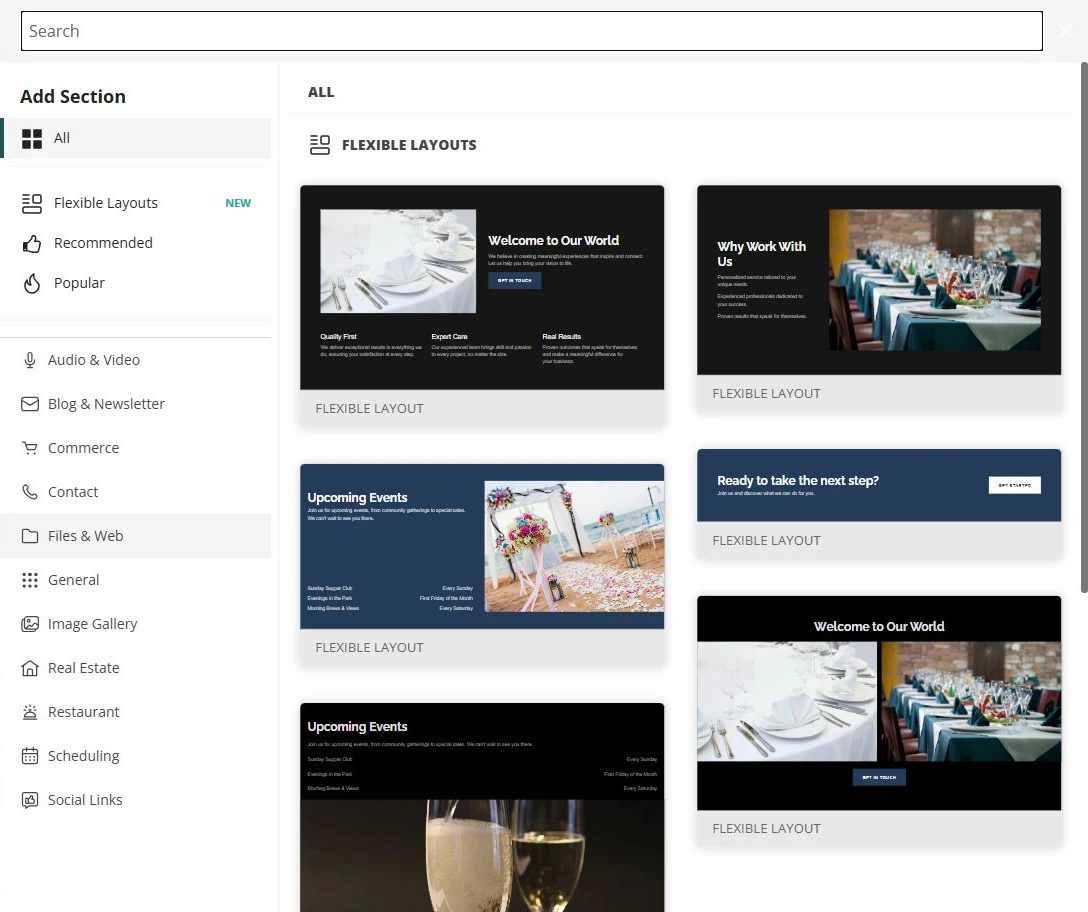 Website Builder section options for Prairie Gather Rentals — privacy-cropped excerpt