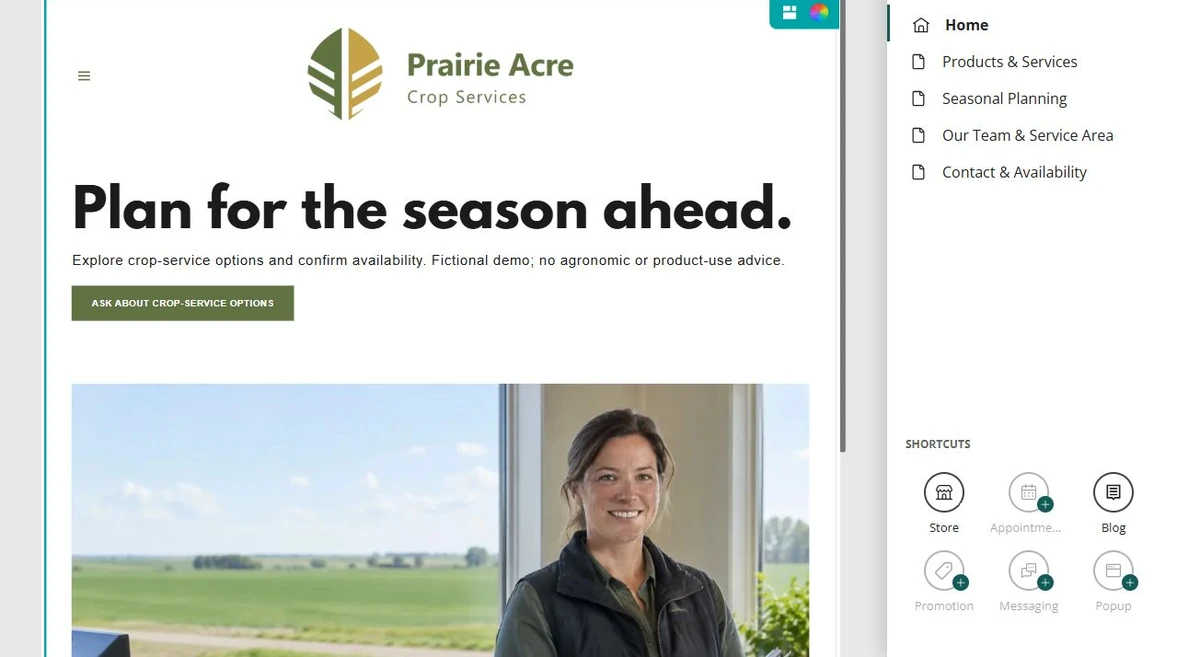 Prairie Acre · Five-page navigation — privacy-cropped excerpt