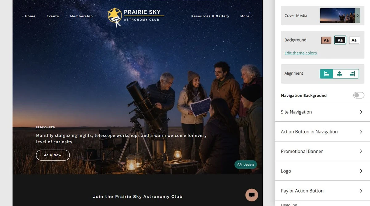 Website Builder header customization for Prairie Sky Astronomy Club — privacy-cropped excerpt