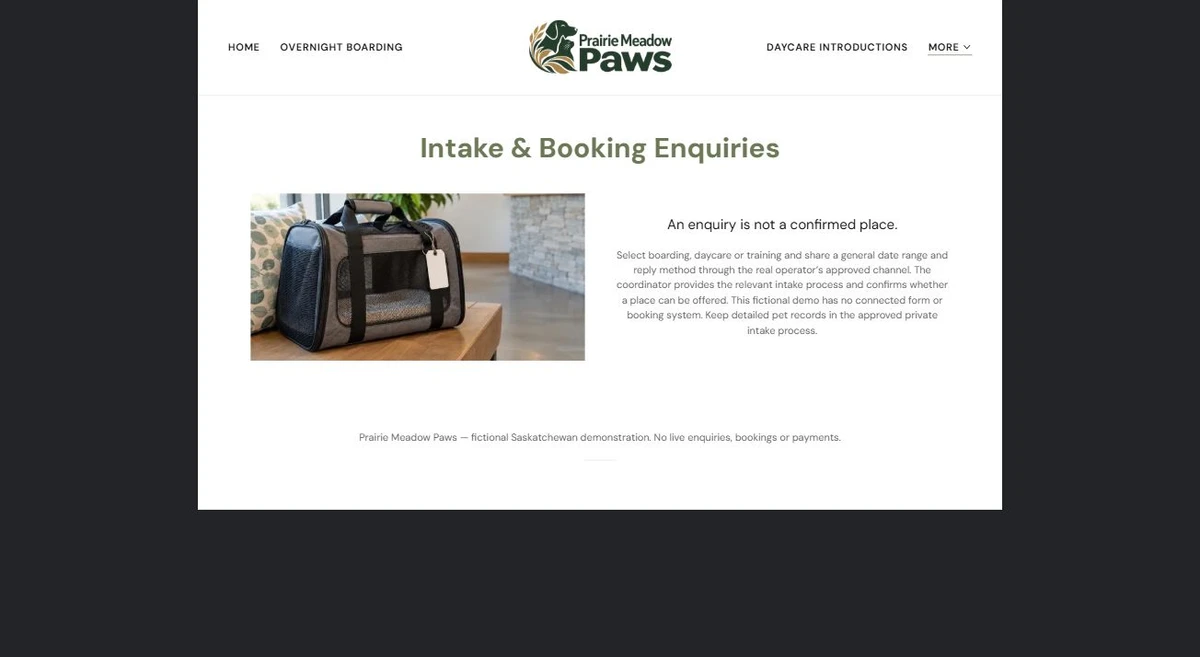 Finished Intake & Booking Enquiries example — privacy-cropped excerpt