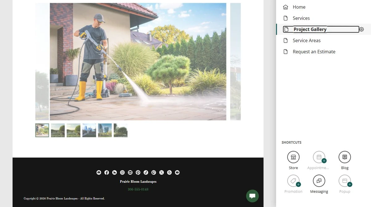 Website Builder editing the Prairie Bloom Landscapes project gallery — privacy-cropped excerpt