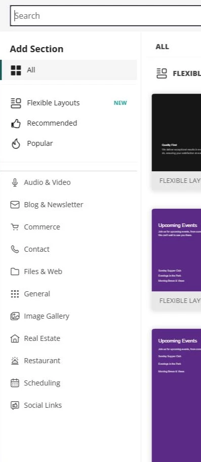 Website Builder Add Section library beside the Aurora Stage and Events site — privacy-cropped excerpt