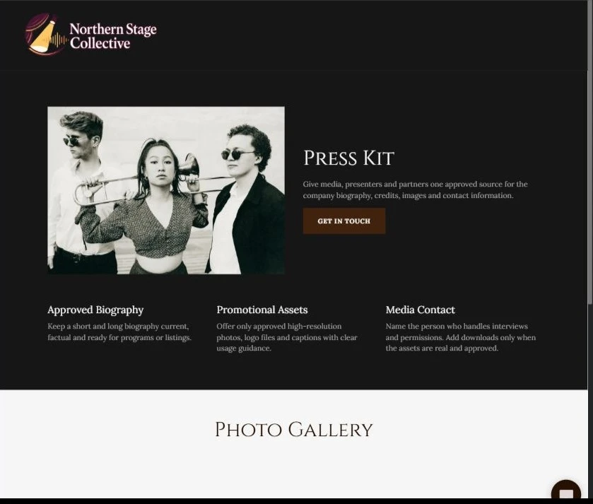 Finished Press kit example — privacy-cropped excerpt