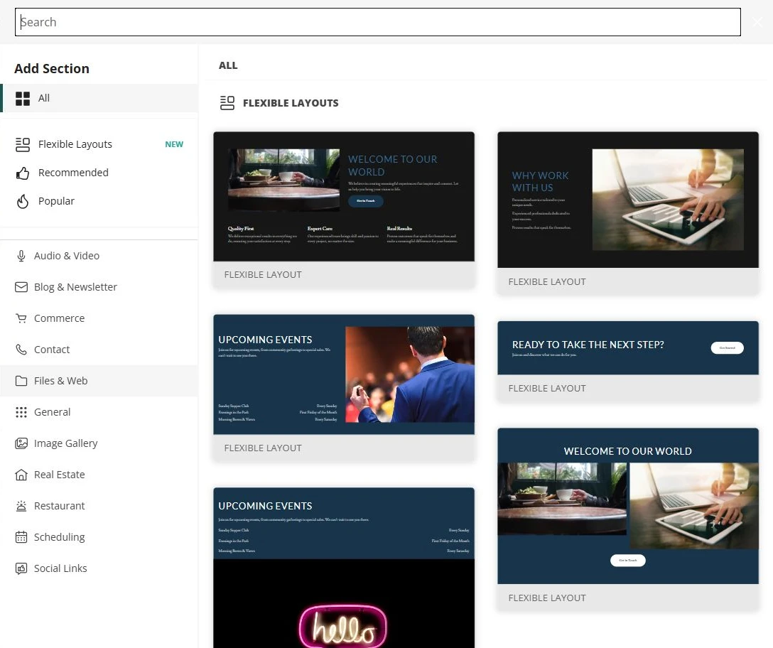 Website Builder Add Section library for the Northline Strategy Group site — privacy-cropped excerpt