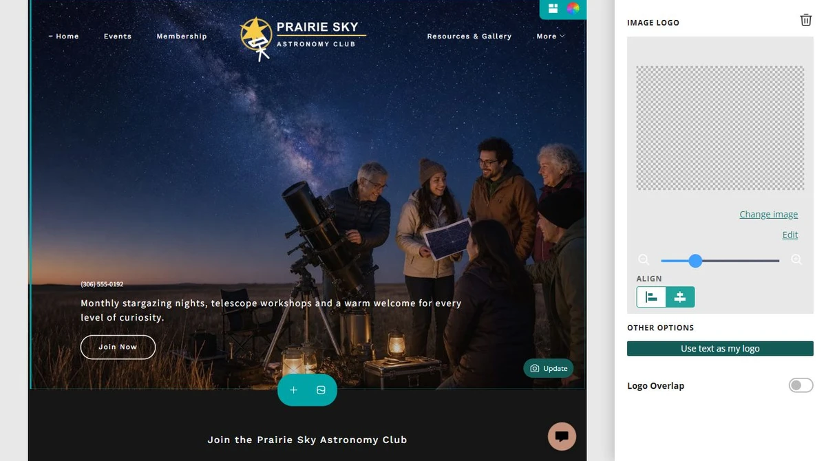 Website Builder logo controls for Prairie Sky Astronomy Club — privacy-cropped excerpt