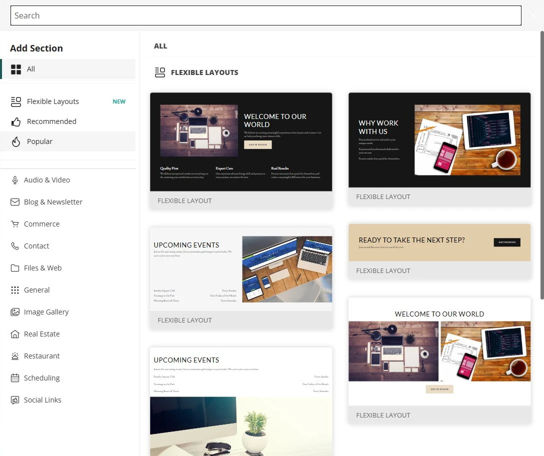 Website Builder Add Section library for Northline Web Studio — privacy-cropped excerpt