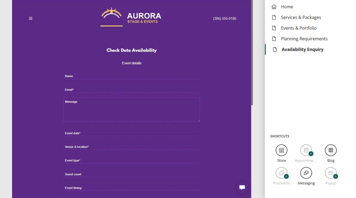 Website Builder page navigation for the Aurora Stage and Events site — privacy-cropped excerpt