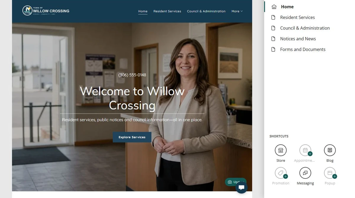 Website Builder page organizer for Town of Willow Crossing — privacy-cropped excerpt