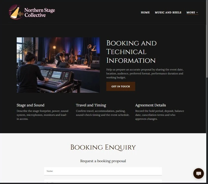 Finished Booking and technical information example — privacy-cropped excerpt