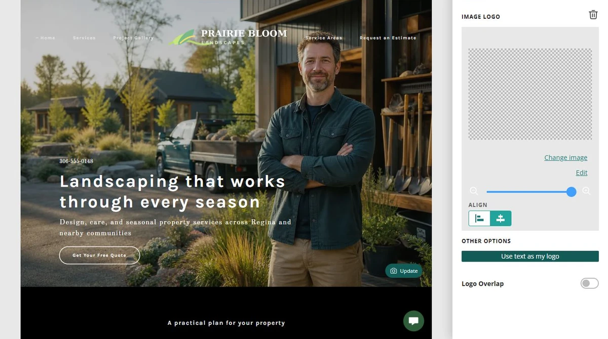Website Builder editing the Prairie Bloom Landscapes home page — privacy-cropped excerpt