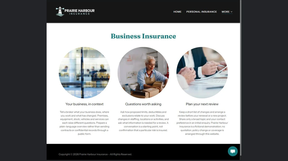 Finished Business Insurance example — privacy-cropped excerpt