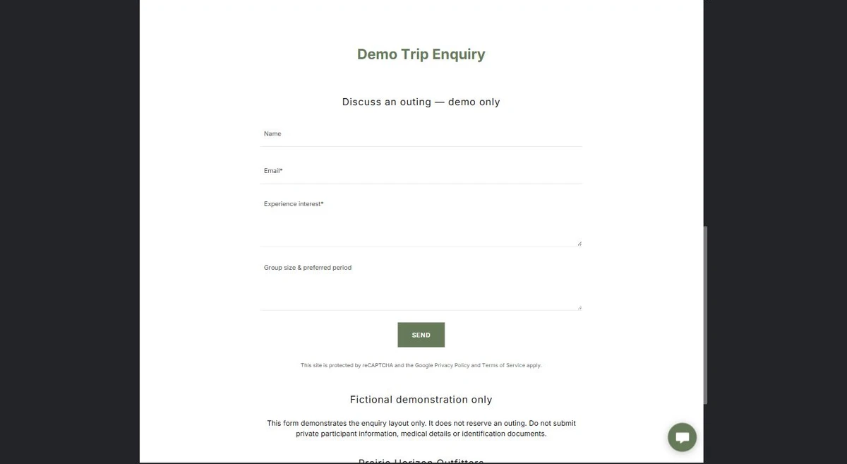 Desktop enquiry form — privacy-cropped excerpt