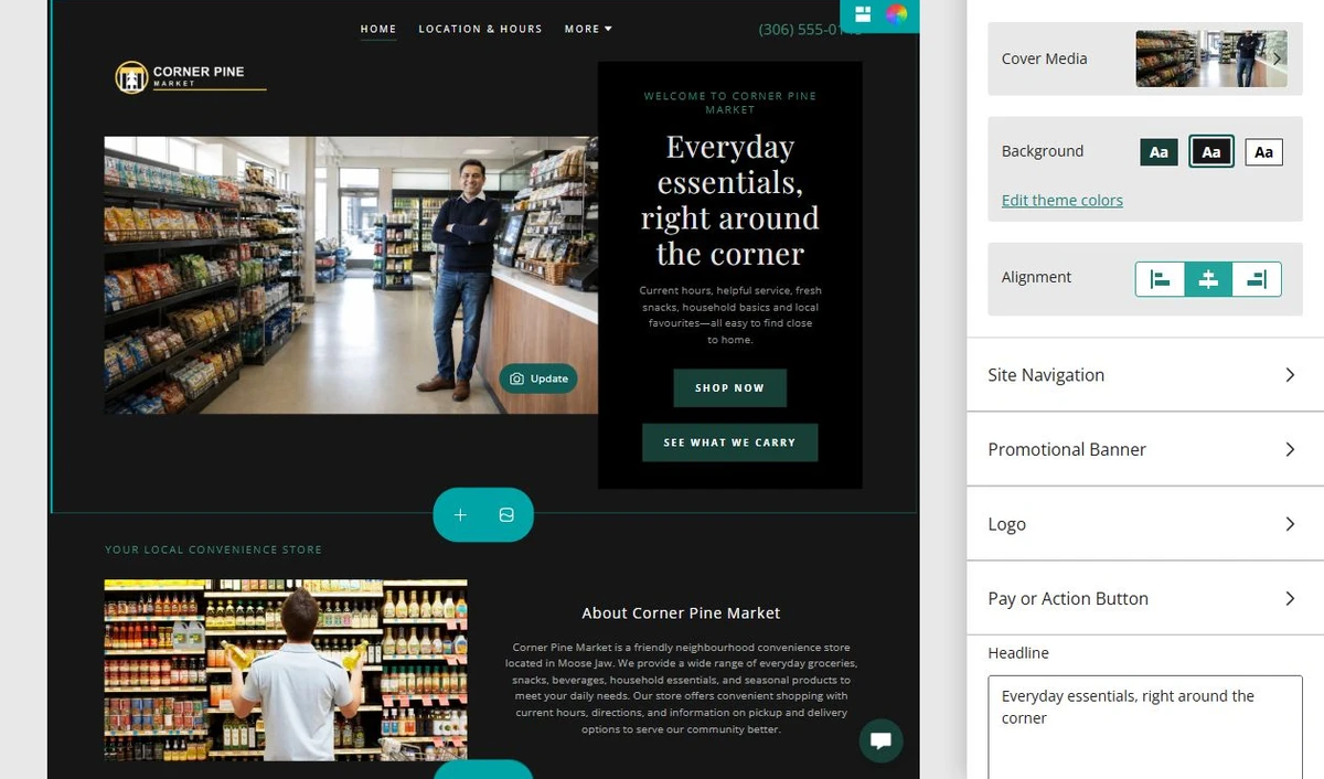 Website Builder home header options for Corner Pine Market — privacy-cropped excerpt