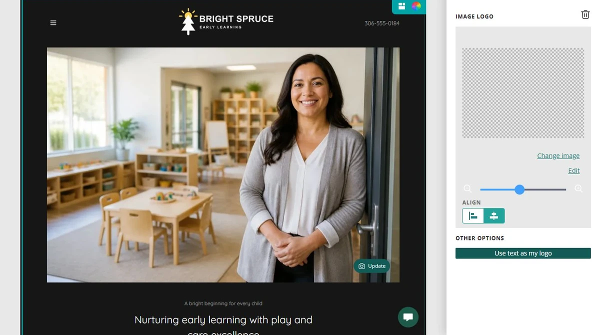 Website Builder editor showing the Bright Spruce identity — privacy-cropped excerpt