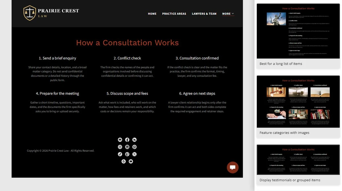 Website Builder choosing a text-first consultation process layout — privacy-cropped excerpt