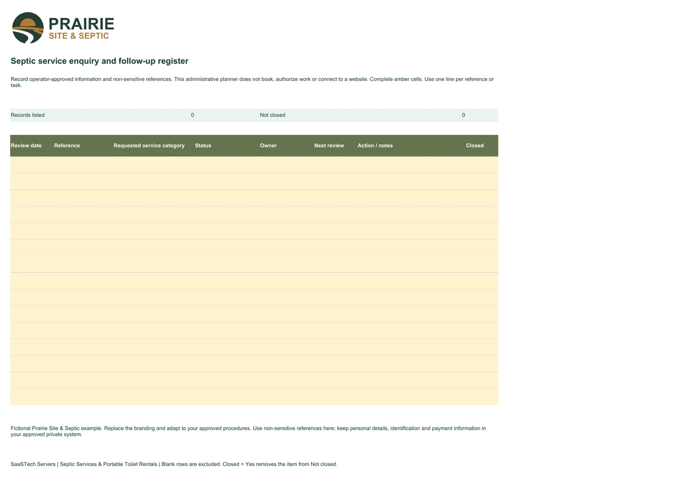 Septic service enquiry and follow-up register